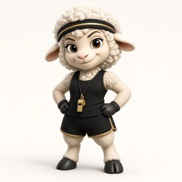 Barbara, a cheeky cartoon sheep personal trainer with a gold whistle