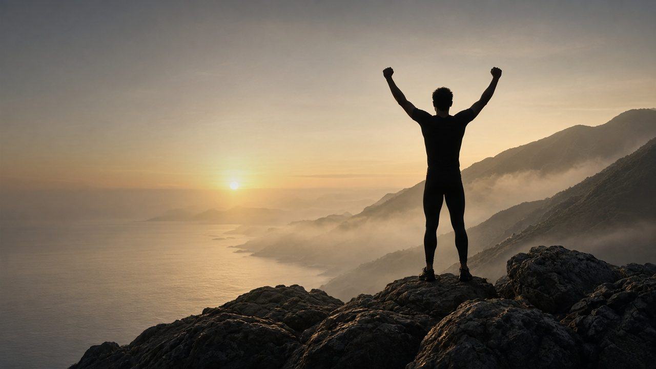 Someone greeting the sunrise on a coastal hilltop