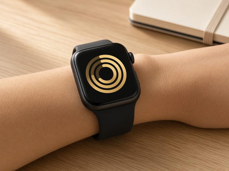 A smartwatch showing gold activity rings