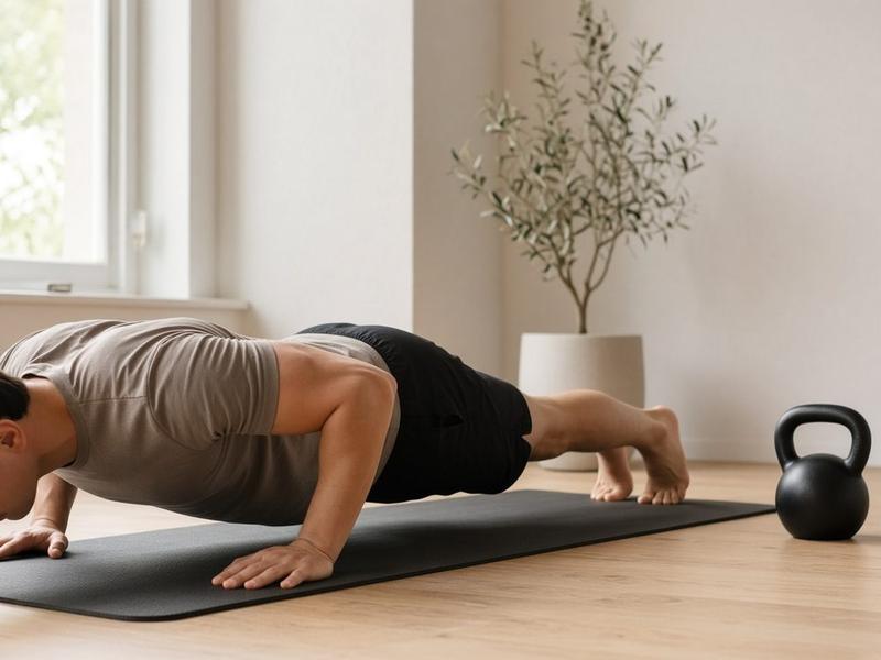 A person doing a push-up on a mat at home